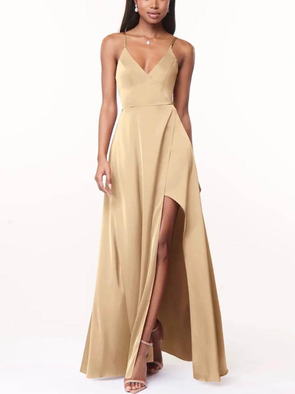 Azazie Maksim Champagne Stretch Satin Bridesmaid Dress Wmn’s A10